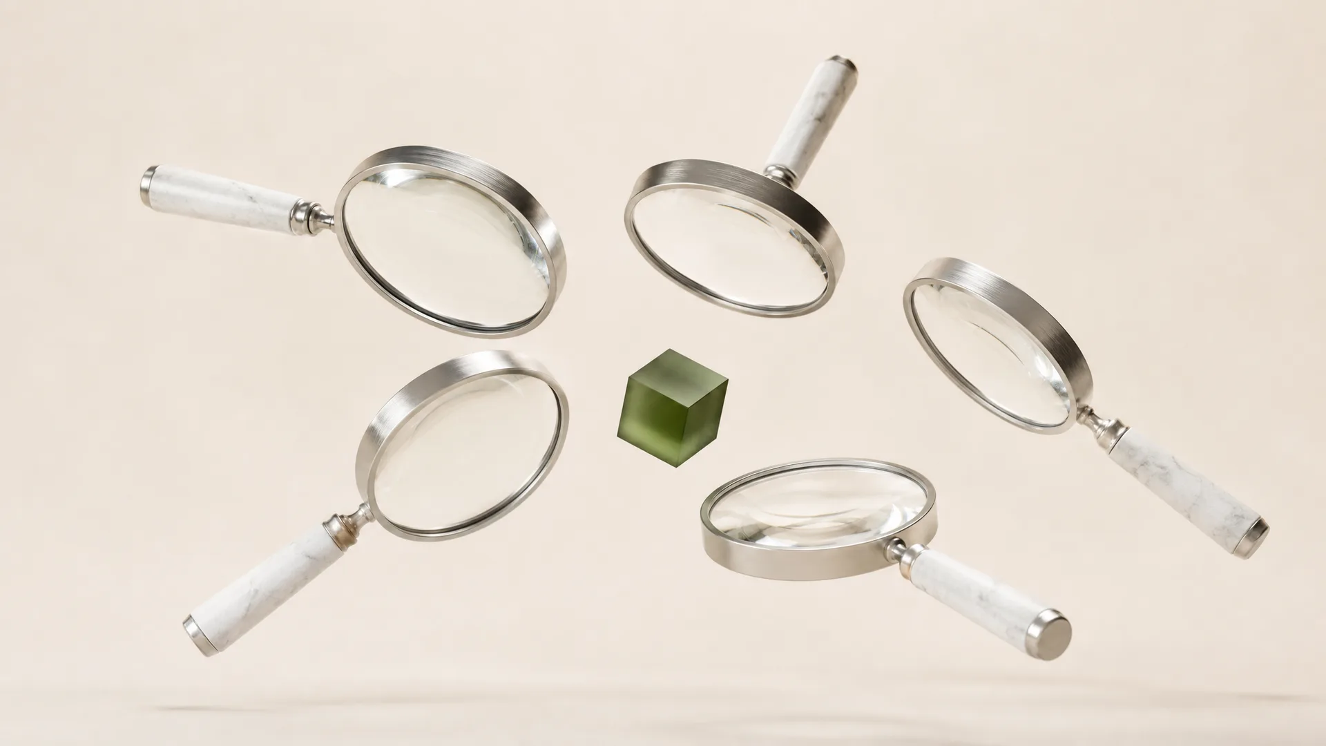 Cinque lenti d'ingrandimento d'argento con manici di marmo fluttuano attorno a un cubo di vetro verde muschio, ognuna inclinata a osservarlo da un angolo diverso