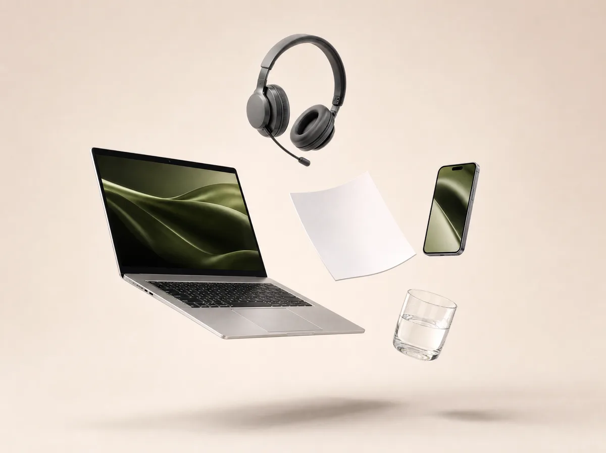 Postazione di lavoro sospesa a mezz'aria senza nessuno: laptop aperto, cuffie con microfono, smartphone e un foglio che fluttuano, come usati da un collaboratore invisibile