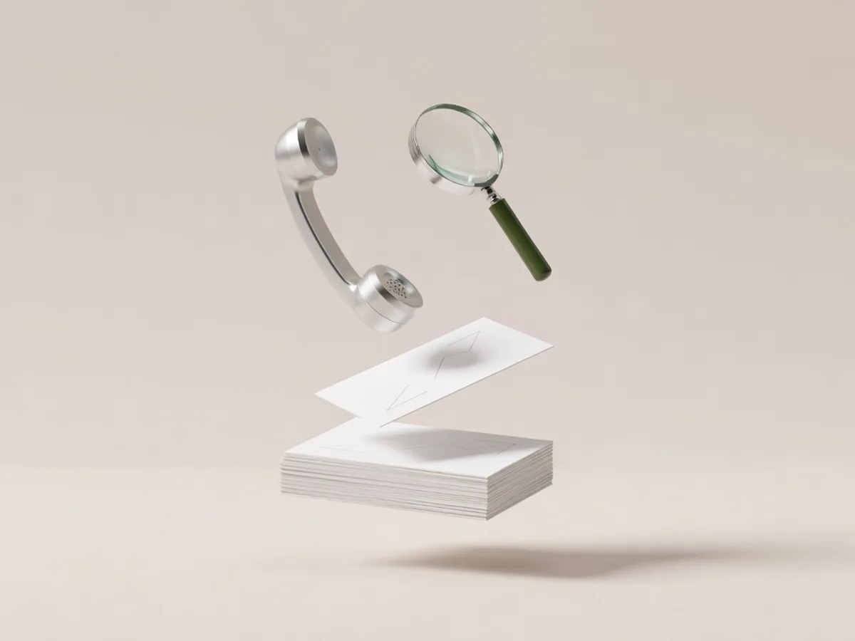 Telefono d'argento e lente d'ingrandimento in levitazione sopra un elenco di contatti bianco, con accenti verde muschio: l'agente AI per le vendite che qualifica i lead