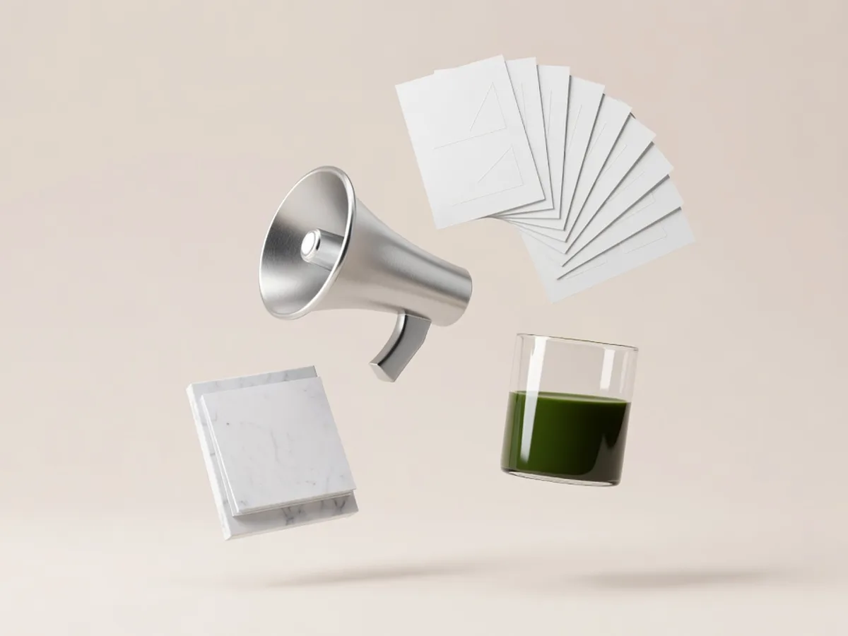 Megafono d'argento e fogli bianchi in levitazione con un cilindro di vetro verde muschio: gli agenti AI marketing che tengono ricerca, copy e calendario senza copy finto