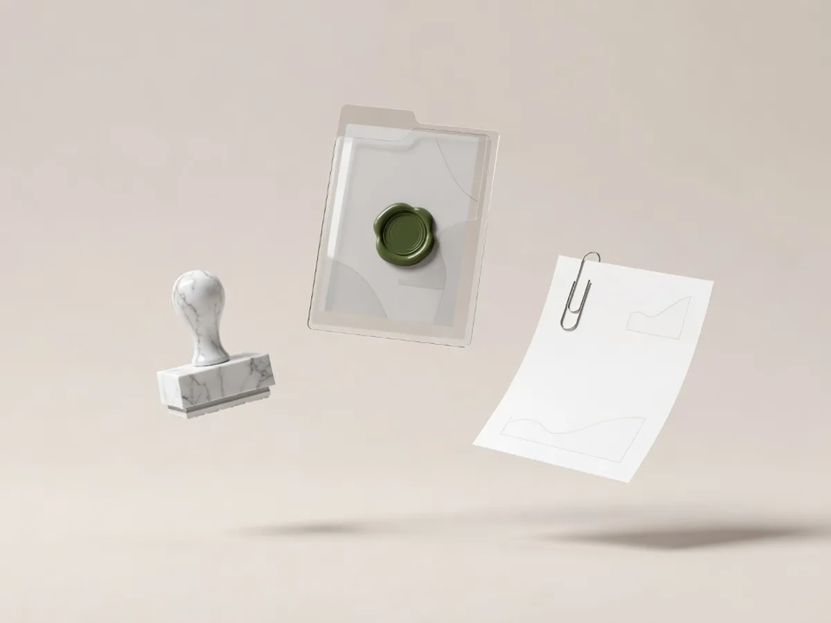 Timbro di marmo bianco e cartella di vetro con sigillo verde muschio che fluttuano sopra una graffetta d'argento: gli agenti AI per commercialisti filtrano, non firmano