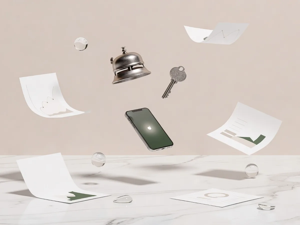 Chiave d'argento e campanello da reception di marmo bianco che fluttuano sopra uno smartphone con un nodo verde muschio sulla notifica: gli agenti ai per hotel che rispondono di notte
