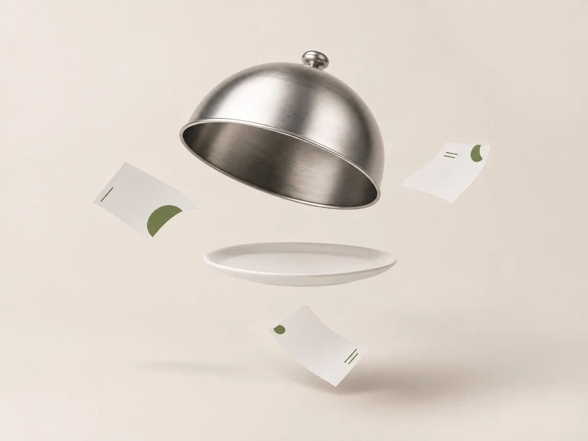Cloche d'argento sospesa sopra un piatto di ceramica che fluttua, con comande di carta a segni verde muschio attorno: l'AI per i ristoranti che serve tra sala e prenotazioni
