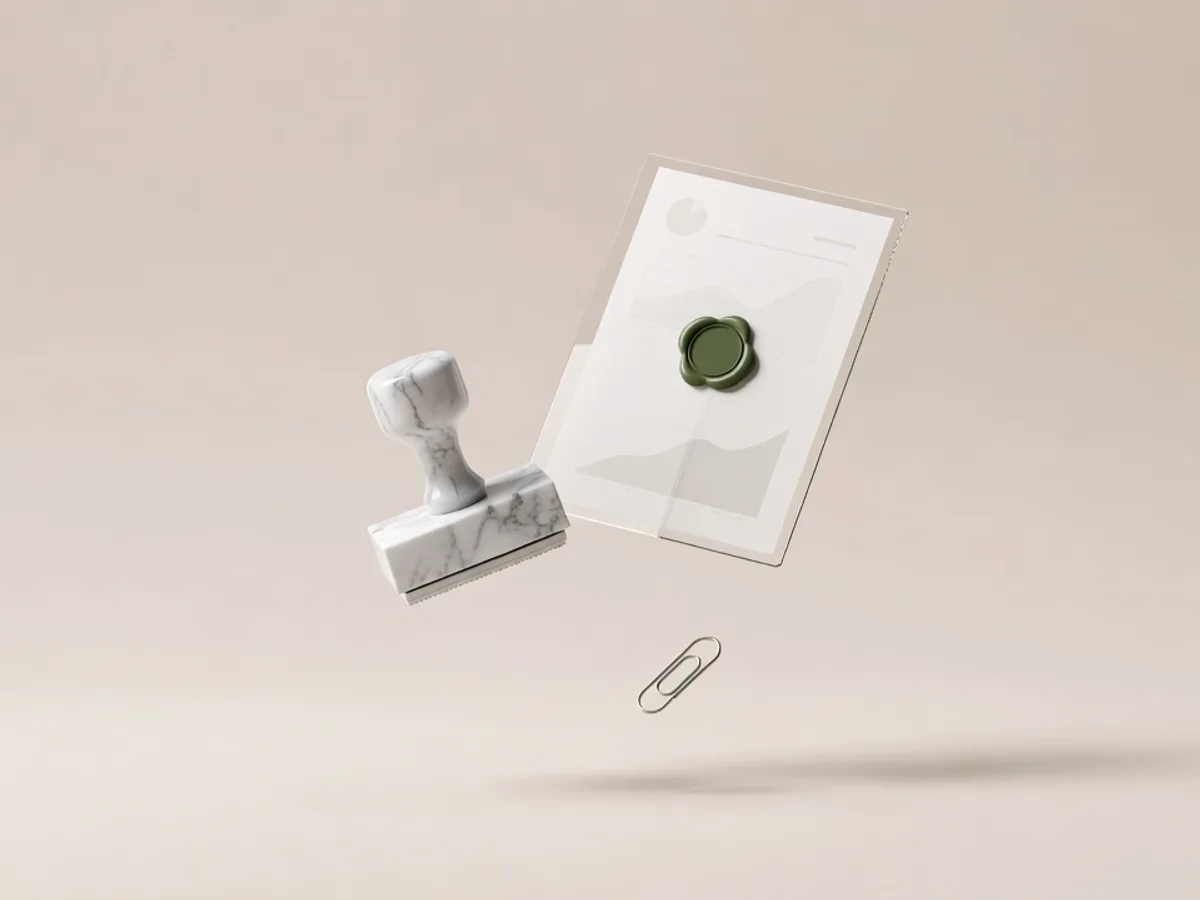 Timbro di marmo bianco e cartella di vetro con sigillo verde muschio in levitazione: l'AI per studi legali filtra i documenti, non firma gli atti