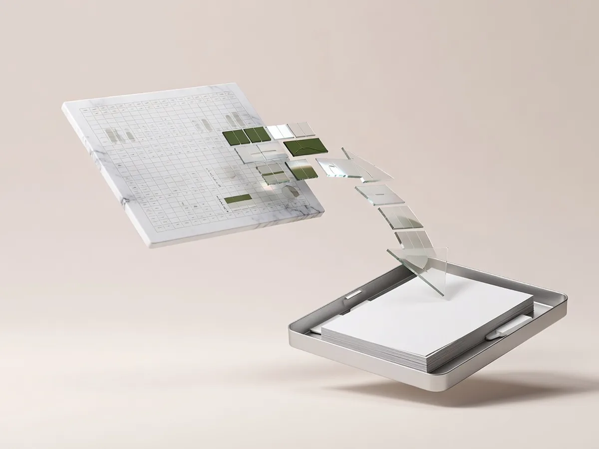 Foglio Excel di carta con celle verde muschio che si trasformano in freccia ordinata verso un raccoglitore d'argento: automatizzare Excel senza abbandonare il foglio