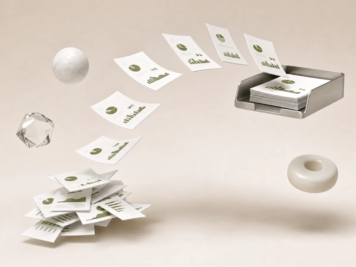 Fatture di carta con grafici verde muschio che volano in formazione ordinata da una pila disordinata verso una vaschetta portadocumenti d'argento: automatizzare le fatture come flusso