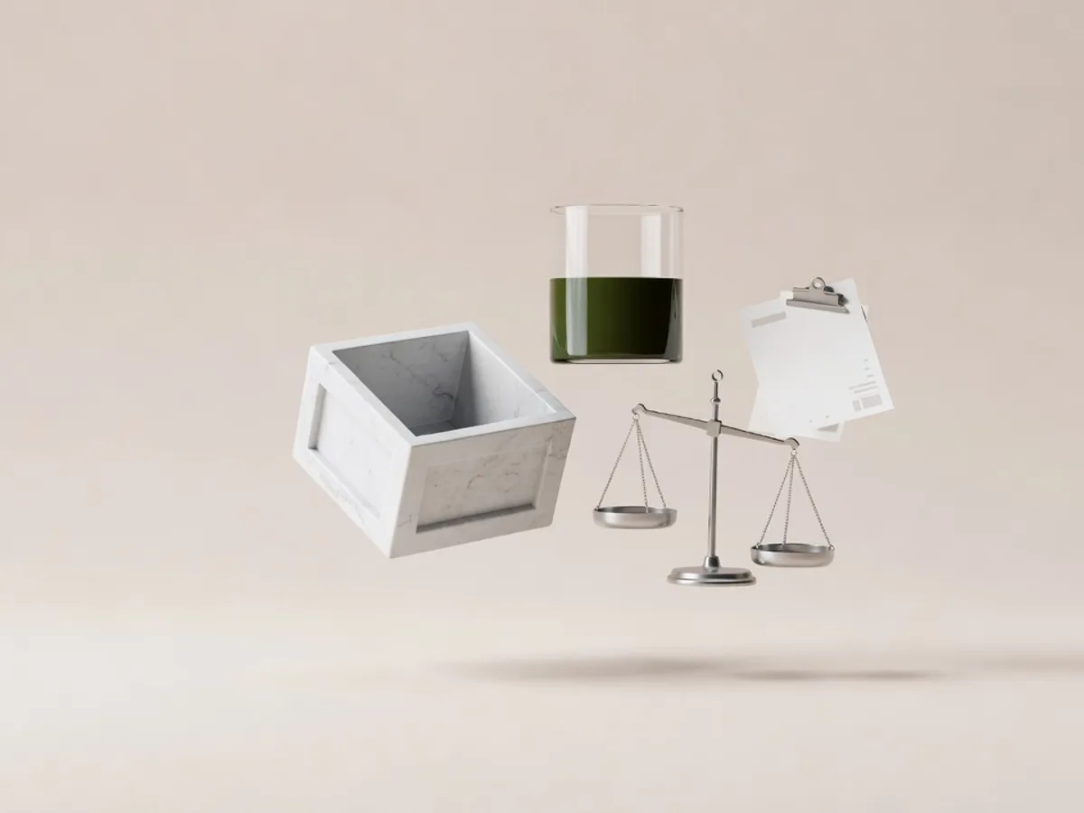 Cassa di marmo bianco, bilancia d'argento e bicchiere di vetro con livello verde muschio in levitazione: automatizzare magazzino con una soglia visibile, non con un robot