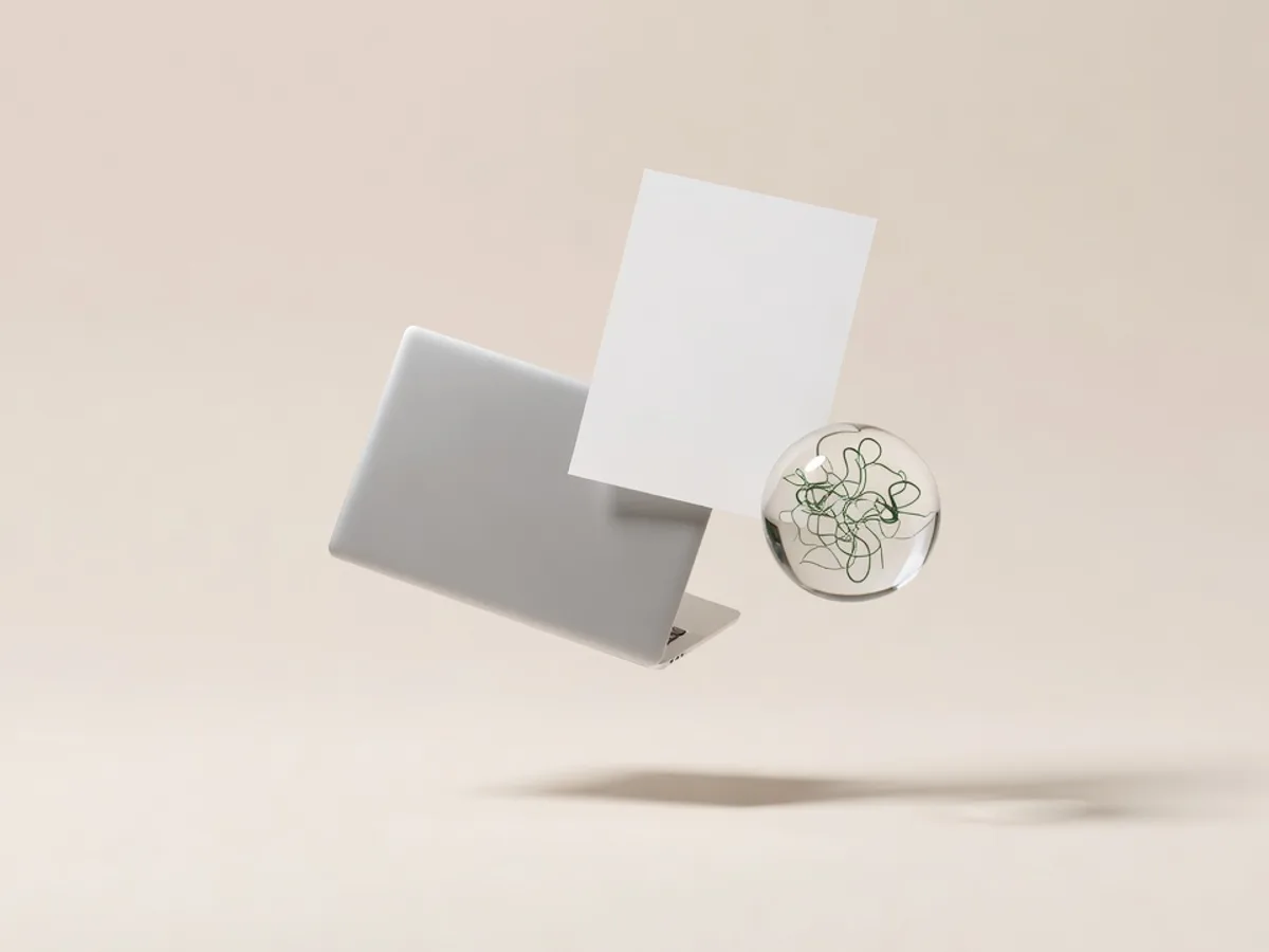 Laptop d'argento, foglio bianco e sfera di vetro con filamento verde muschio in levitazione: ChatGPT per aziende come assistente, non come flusso chiuso