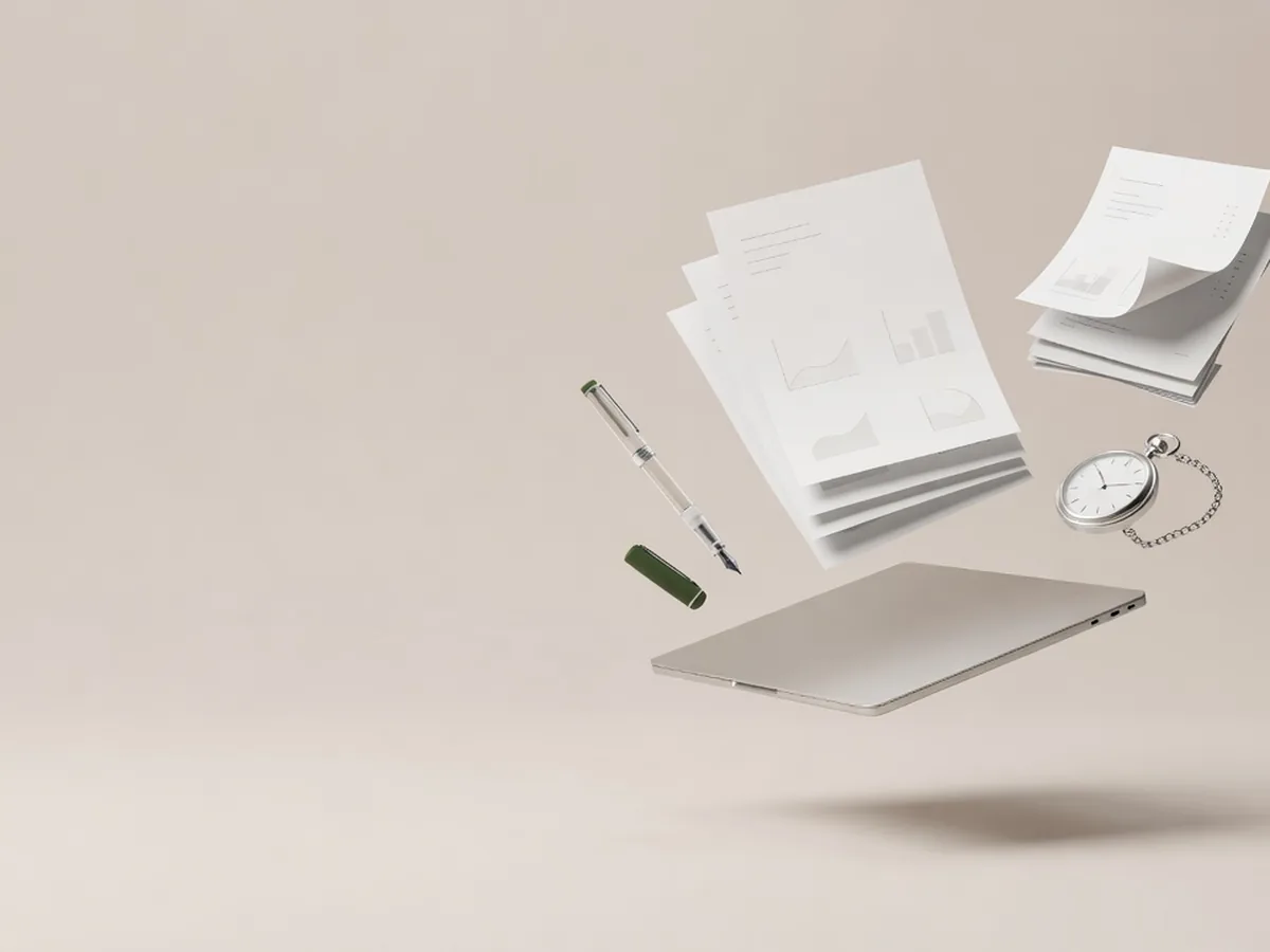 Laptop d'argento e contratto bianco in levitazione con orologio e penna: la chiusura vendita in chiamata senza giorni di mail