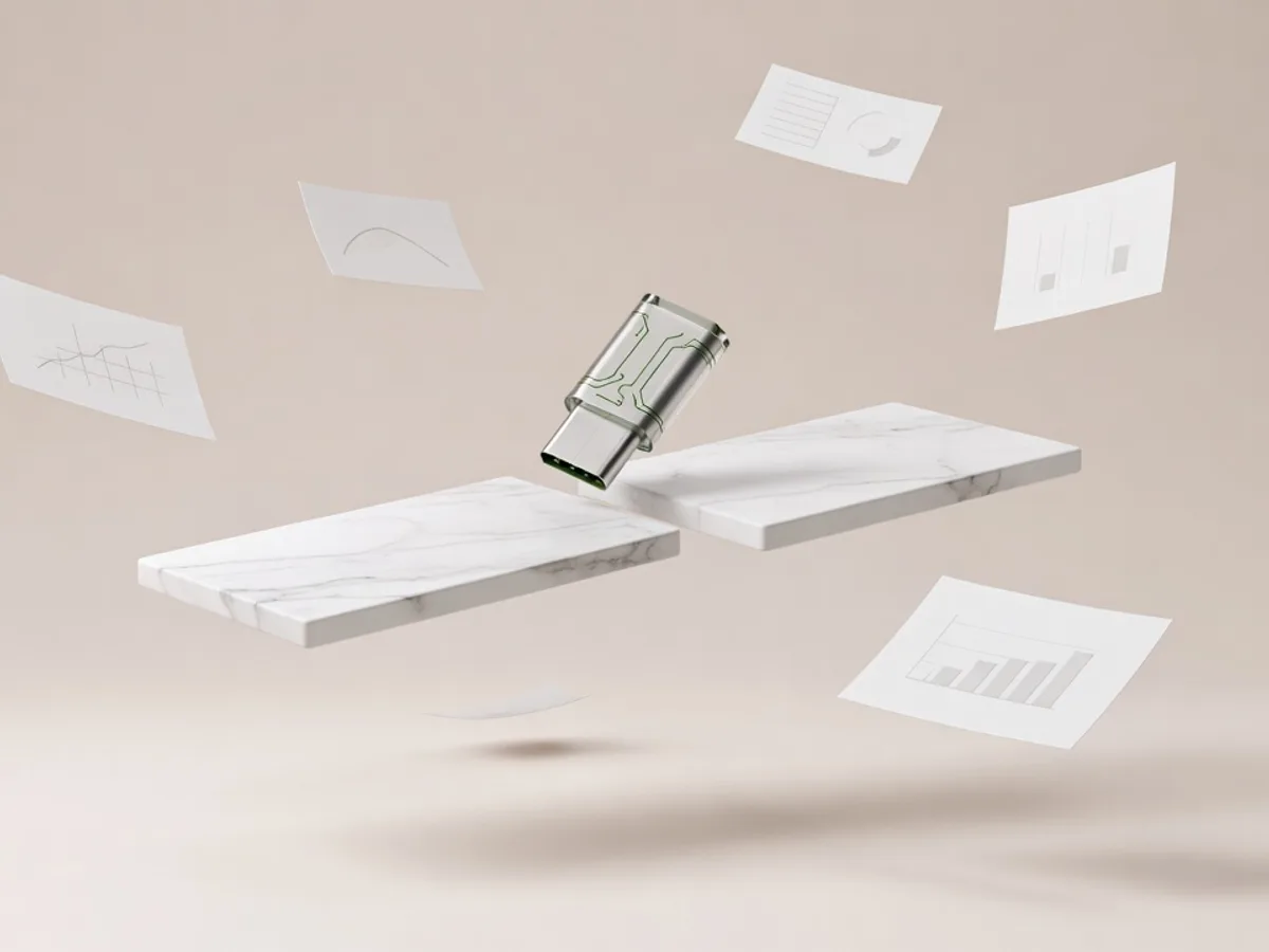 Connettore USB argento che collega due lastre di marmo bianco sospese, con un filo verde muschio luminoso: l'allegoria di MCP che collega l'AI ai dati aziendali