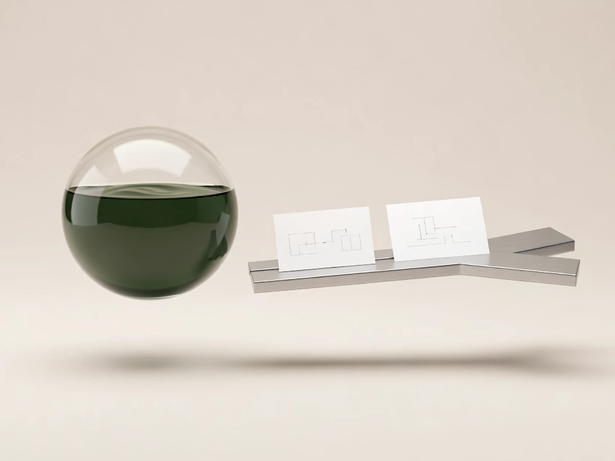 Sfera di vetro con nucleo verde e convogliatore d'argento con schede identiche: n8n o agenti AI, telaio e cervello