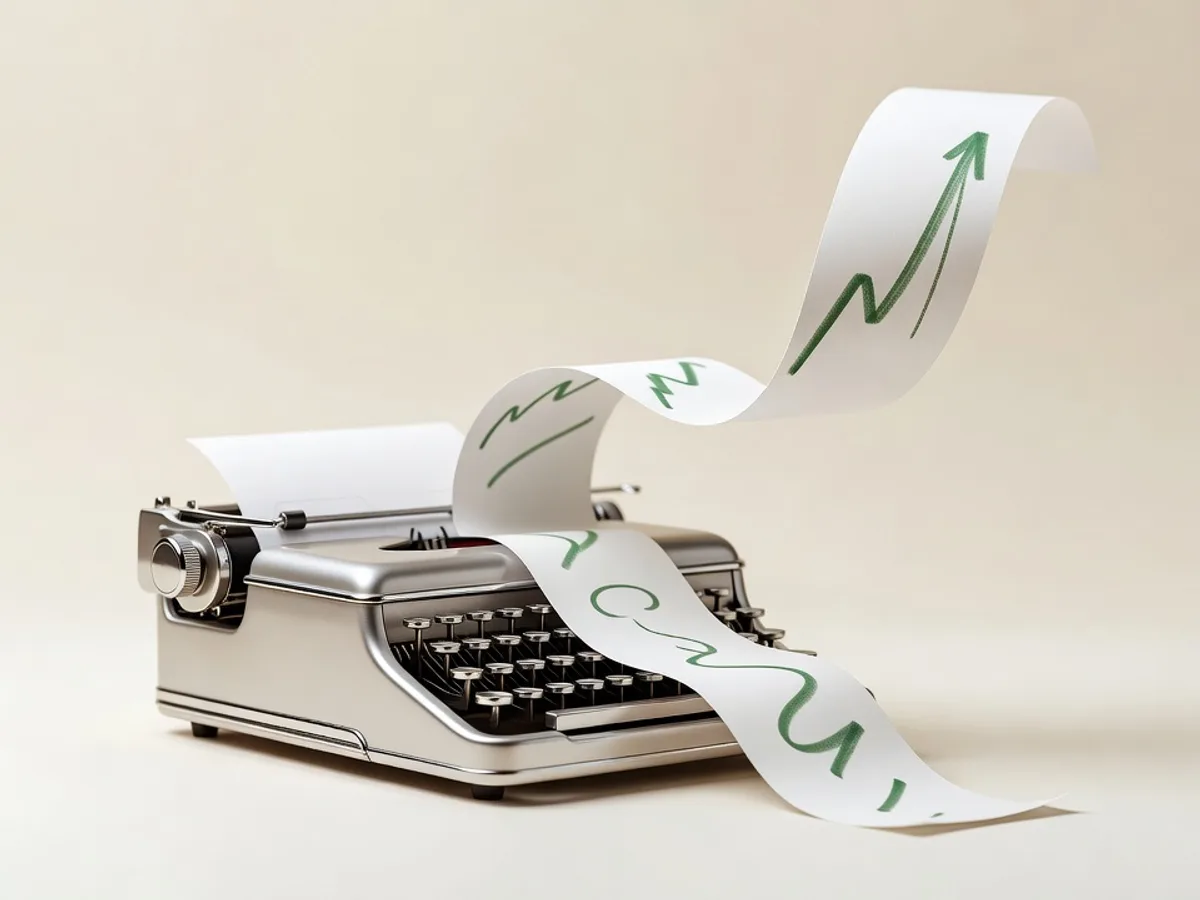 Macchina da scrivere d'argento che stampa un nastro di carta con segni verde muschio a forma di grafico in salita: i testi di vendita con l'AI scritti col mestiere del copywriter