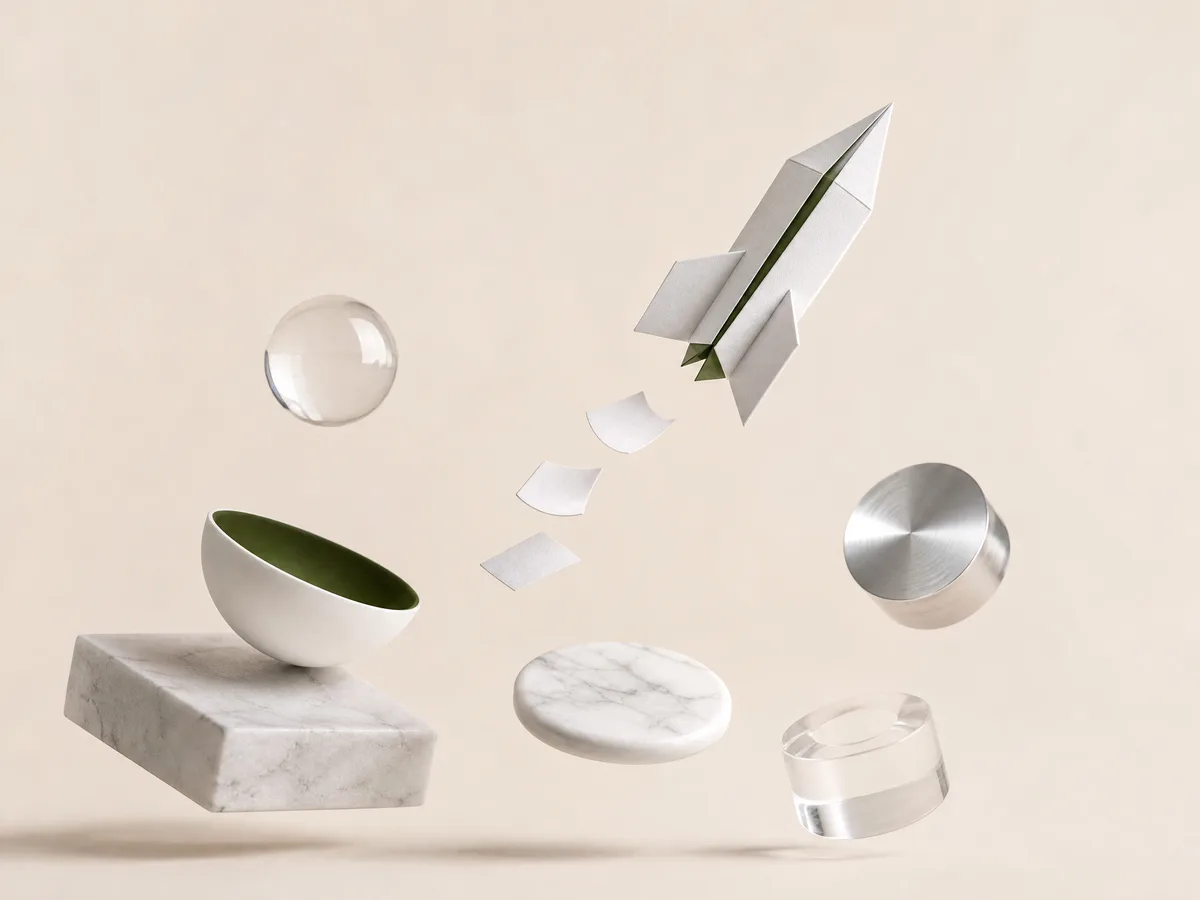 Razzo origami piegato da carta bianca con interni verde muschio che decolla lasciando una scia di foglietti, tra forme di marmo, ceramica e vetro sospese
