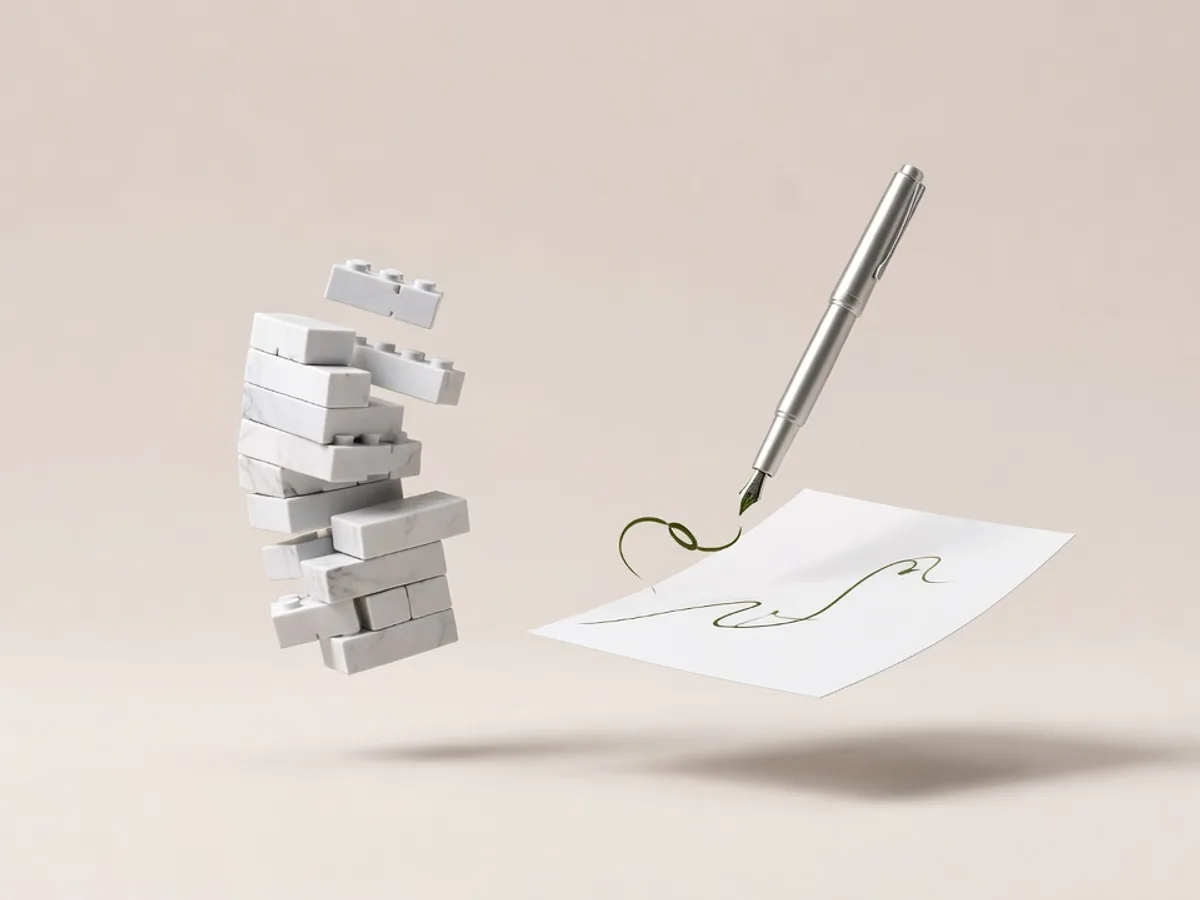 Mattoncini di marmo bianco e una penna d'argento su foglio vuoto in levitazione: vibe coding vs no code, assemblare blocchi pronti o scrivere il pezzo su misura
