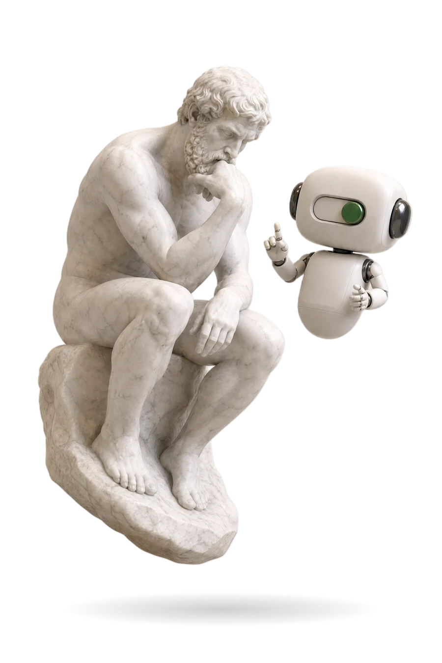 Statua di marmo del Pensatore in ascolto e robottino che fluttua accanto a lui col dito alzato, come se stesse rispondendo a una domanda